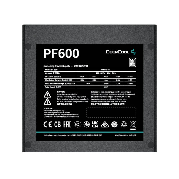 DeepCool PF600 600W Power Supply Unit, 120mm Silent Hydraulic Bearing Fan, 80 PLUS White, Non Modular, UK Plug, Flat Black Cables, Efficient & Affordable-Power Supplies-Gigante Computers
