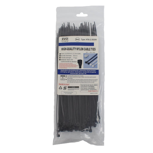 Evo Labs 100 Pack of 200 x 2.5mm Black Retail Packaged Cable Ties-Internal Cables-Gigante Computers