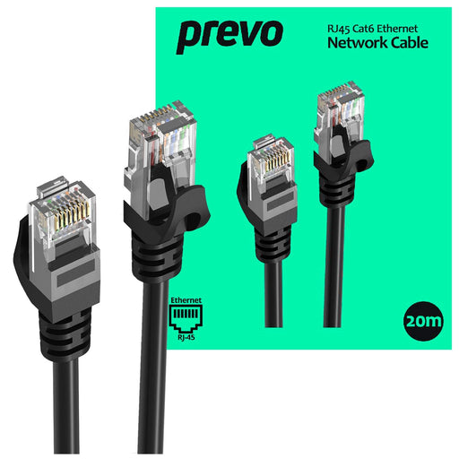 Prevo CAT6-BLK-20M Network Cable, RJ45 (M) to RJ45 (M), CAT6, 20m, Black, Oxygen Free Copper Core, Sturdy PVC Outer Sleeve & Clip Protector, Retail Box Packaging-Cables-Gigante Computers
