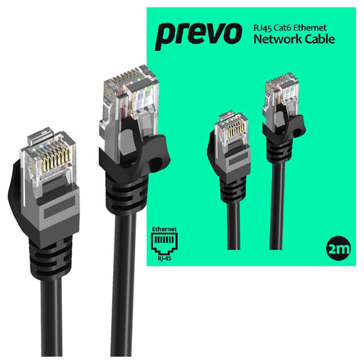 Prevo CAT6-BLK-2M Network Cable, RJ45 (M) to RJ45 (M), CAT6, 2m, Black, Oxygen Free Copper Core, Sturdy PVC Outer Sleeve & Clip Protector, Retail Box Packaging-Cables-Gigante Computers