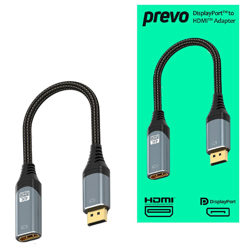 Prevo DPM-HDMIF-ADA Display Converter Adapter, DisplayPort (M) to HDMI (F), 0.2m, Black & Silver, DisplayPort 1.4 & HDMI 2.0, Supports up to 4K@60Hz, Braided Cable, Retail Box Packaging-Cables-Gigante Computers