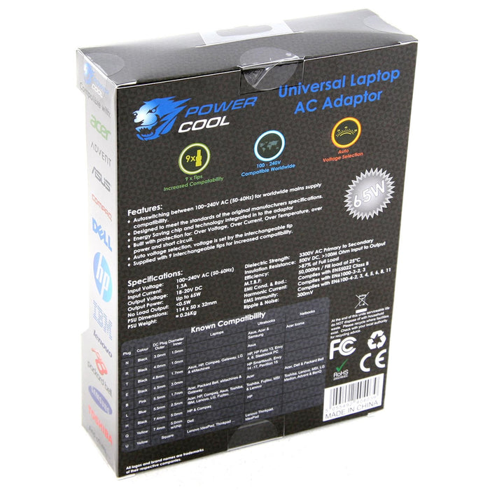 Powercool Universal 65W Auto Sense Power Adapter (8 tips)