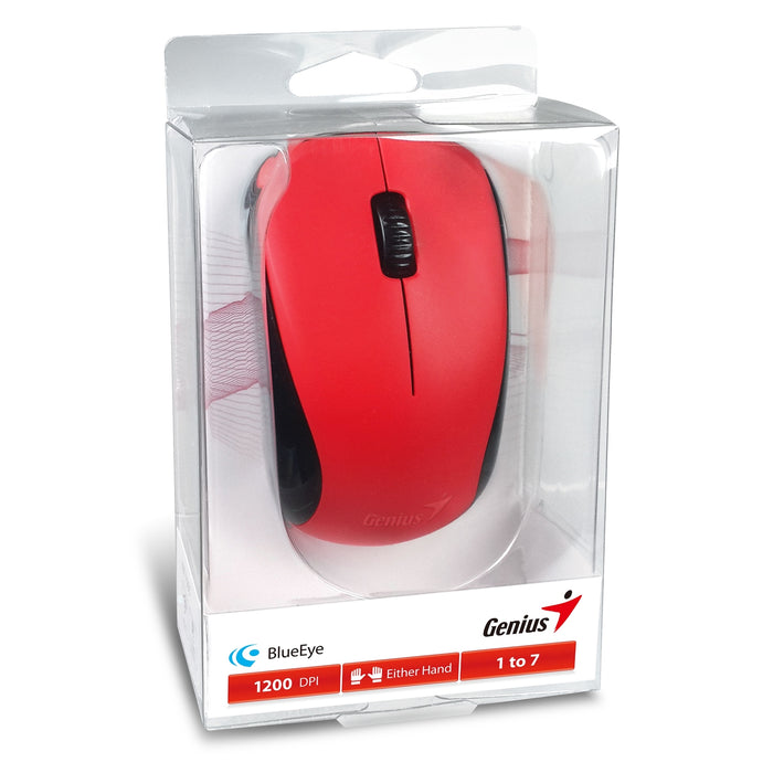 Genius NX-7000 Wireless Mouse, 2.4 GHz with USB Pico Receiver, Adjustable DPI levels up to 1200 DPI, 3 Button with Scroll Wheel, Ambidextrous Design, Red