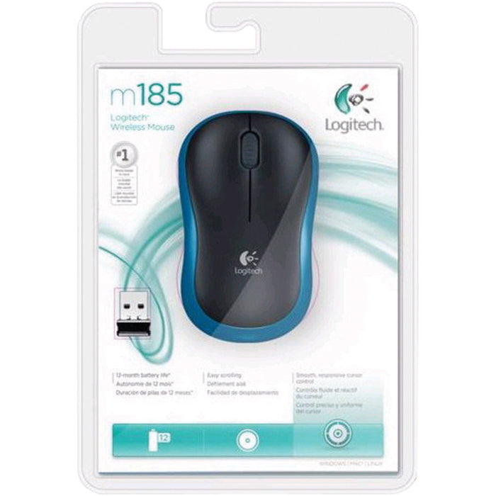 Logitech M185 Black/Blue Wireless Full Size Optical Mouse