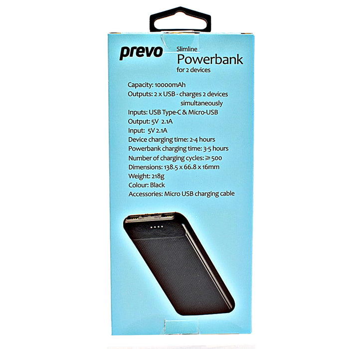 PREVO SP3012 10000mah Dual Slim Portable Power Bank Black