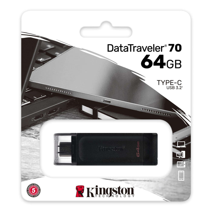 Kingston DT70/64GB DataTraveler 64GB USB Flash Drive, USB 3.2,  USB-C, Gen1, 80MB/s, Cap Design, Black, Retail.