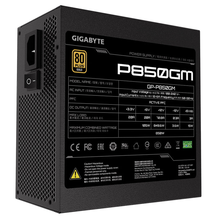 Gigabyte P850GM 850W PSU, 120mm Smart Hydraulic Bearing Fan, 80 PLUS Gold, Fully Modular, UK Plug, High-Quality Japanese Capacitors, Powerful Single +12V Rail