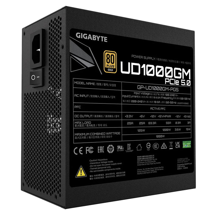 GIGABYTE UD1000GM PG5 1000W PSU, 120mm Smart Hydraulic Bearing Fan, 80 PLUS Gold, Fully Modular, UK Plug, High-Quality Japanese Capacitors, Support for PCIe Gen 5.0 Graphics Cards with High Quality Native 16-pin Cable