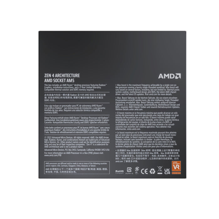 AMD Ryzen 7 7700X with Radeon Graphics, 8 Core Processor, 16 Threads, 4.5Ghz up to 5.4Ghz Turbo, 40MB Cache, 105W, No Fan