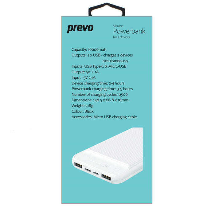 PREVO SP3012 10000mah Dual Slim Portable Power Bank White