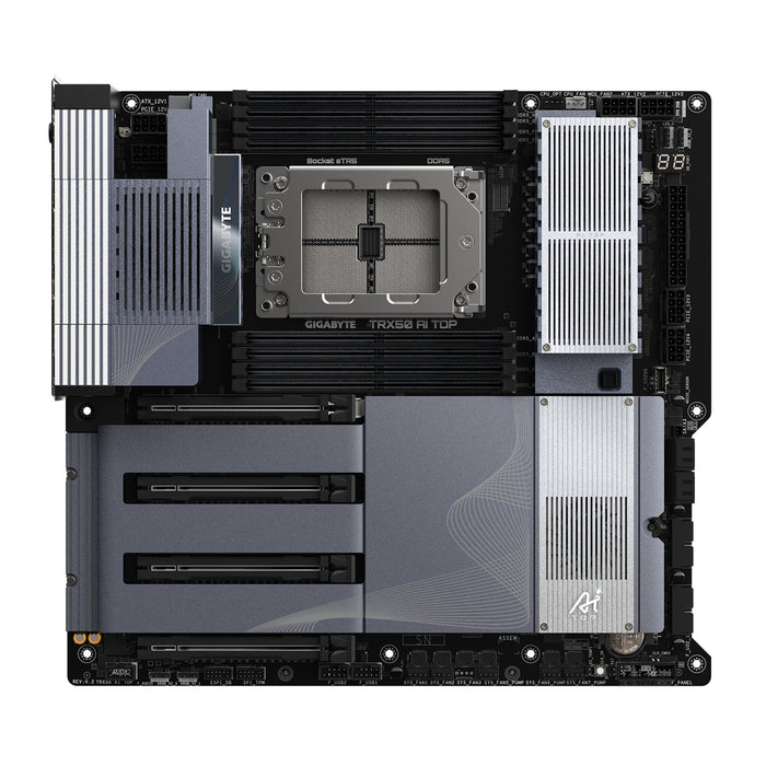 Gigabyte TRX50 AI TOP AMD sTR5 Socket Motherboard, E-ATX, 8x DDR5 Slots, 4x M.2 Sockets, Fitted I/O Shield, 2x 10GbE LAN, Wi-Fi 7, 1x DisplayPort / 1x USB-C (USB4)