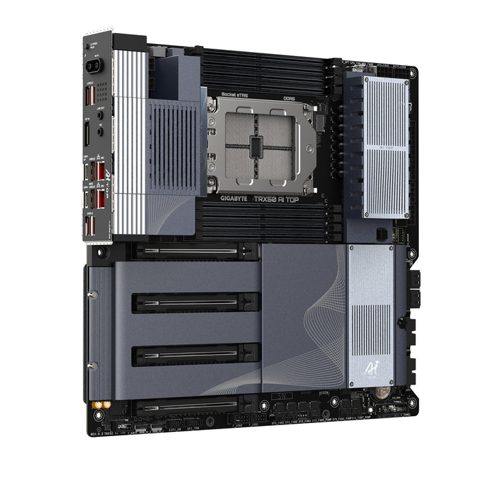 Gigabyte TRX50 AI TOP AMD sTR5 Socket Motherboard, E-ATX, 8x DDR5 Slots, 4x M.2 Sockets, Fitted I/O Shield, 2x 10GbE LAN, Wi-Fi 7, 1x DisplayPort / 1x USB-C (USB4)