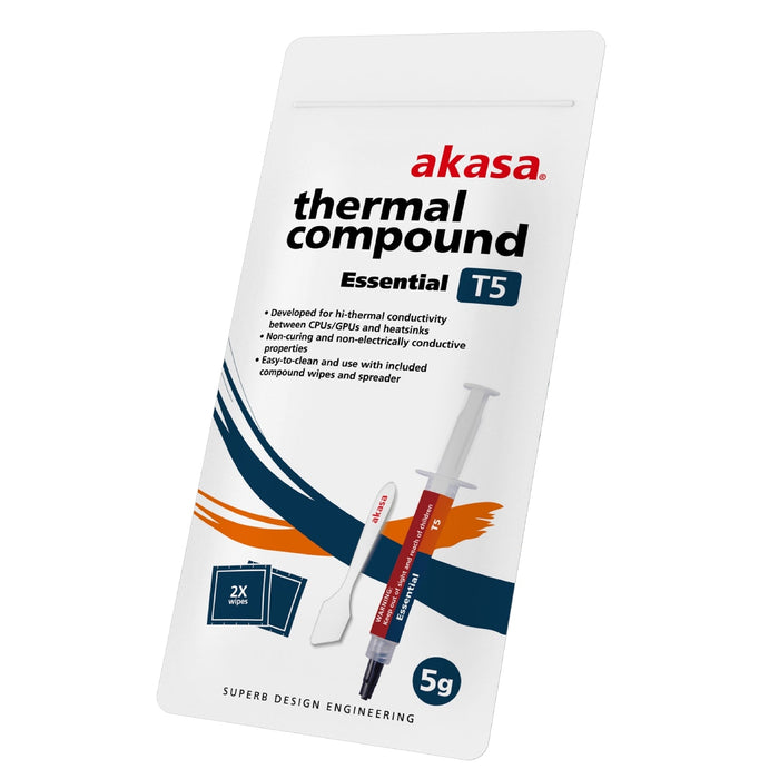 AKASA AK-T505-5G T5 Essential Thermal Compound Syringe, 5g, Grey, Low Thermal Resistance, Non-Curing, Non-Electrically Conductive, Includes Spreader & Cleaning Wipes-CPU Fans & Paste-Gigante Computers