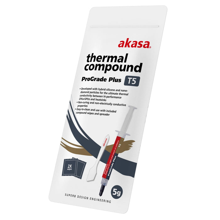 AKASA AK-T565-5G T5 Pro-Grade+ Thermal Compound Syringe, 5g, Grey, Ultra-Performance with Hybrid Silicone & Nano-Diamond Particles, Non-Curing, Non-Electrically Conductive, Includes Spreader & Cleaning Wipes-CPU Fans & Paste-Gigante Computers