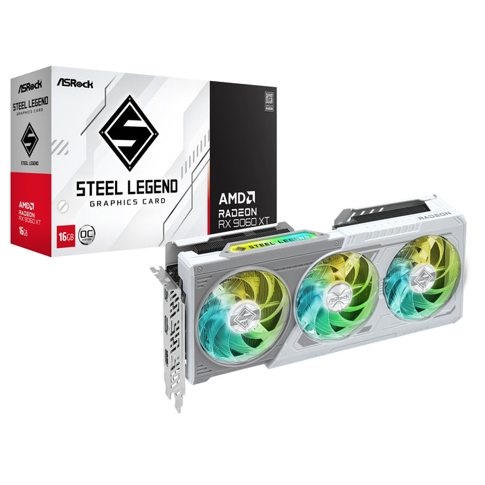 ASRock AMD Radeon RX 9060 XT Steel Legend OC 8GB GDDR6 Graphics Card, 2048 Streams, 3320MHz Boost Clock, Triple Fan, 2x DisplayPorts / 1x HDMI Port-Graphics Cards-Gigante Computers