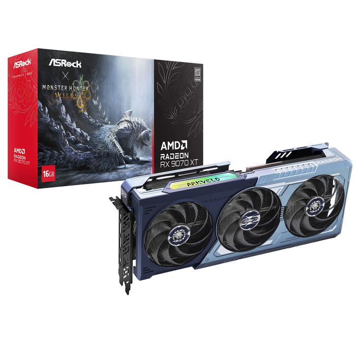 ASRock AMD Radeon RX 9070 XT Monster Hunter Wilds Edition 16GB GDDR6 Graphics Card, 4096 Streams, 2970MHz Boost Clock, Triple Fan, 3x DisplayPorts / 1x HDMI Port-Graphics Cards-Gigante Computers