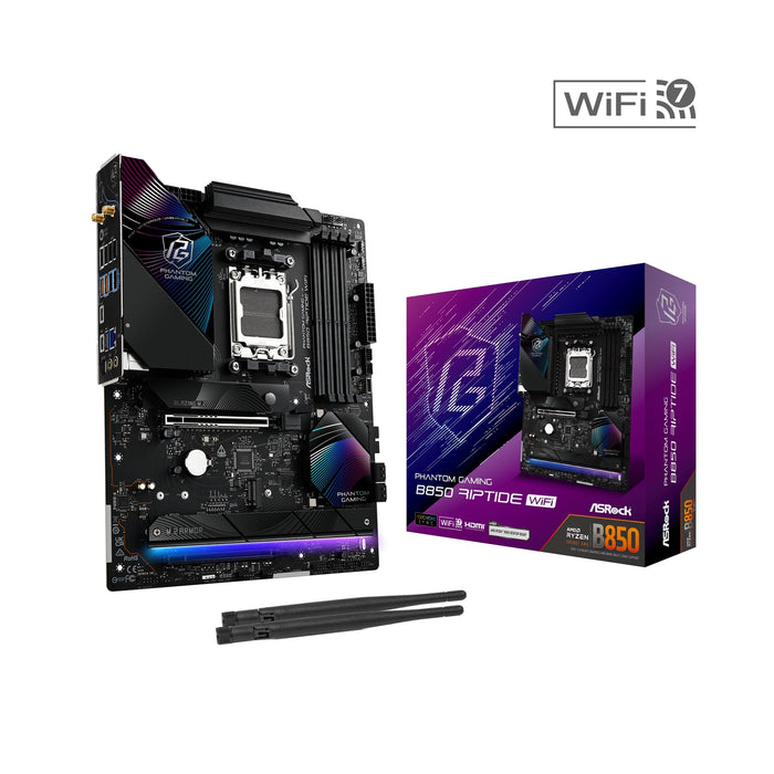 ASRock B850 Riptide WiFi PHANTOM GAMING AMD AM5 Socket Motherboard, ATX, 4x DDR5 Slots, 4x M.2 Sockets, 3x USB-C Port, Fitted I/O Shield, 2.5GbE LAN, Wi-Fi 7, 1x HDMI Port-Motherboards-Gigante Computers
