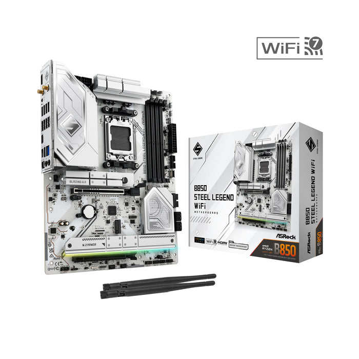 ASRock B850 Steel Legend WiFi AMD AM5 Socket Motherboard, ATX, 4x DDR5 Slots, 4x M.2 Sockets, 2x USB-C Port, Fitted I/O Shield, 2.5GbE LAN, Wi-Fi 7, 1x HDMI Port-Motherboards-Gigante Computers