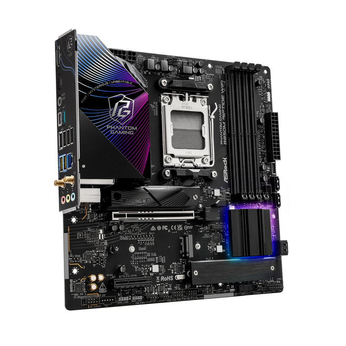 ASRock B850M Riptide WiFi PHANTOM GAMING AMD AM5 Socket Motherboard, Micro-ATX, 4x DDR5 Slots, 3x M.2 Sockets, 2x USB-C Port, Fitted I/O Shield, 2.5GbE LAN, Wi-Fi 7, 1x DisplayPort / 1x HDMI Port-Motherboards-Gigante Computers