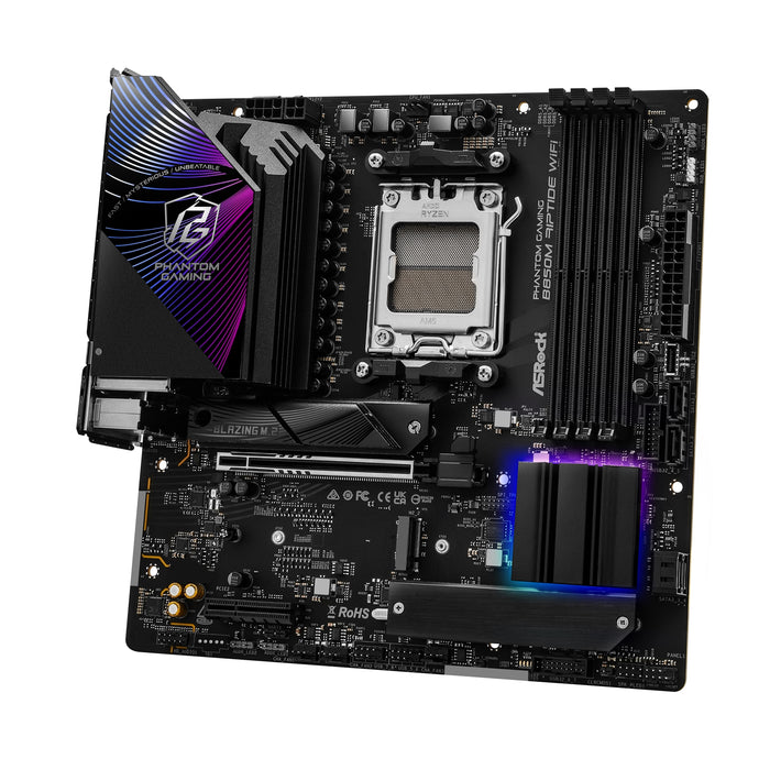 ASRock B850M Riptide WiFi PHANTOM GAMING AMD AM5 Socket Motherboard, Micro-ATX, 4x DDR5 Slots, 3x M.2 Sockets, 2x USB-C Port, Fitted I/O Shield, 2.5GbE LAN, Wi-Fi 7, 1x DisplayPort / 1x HDMI Port-Motherboards-Gigante Computers