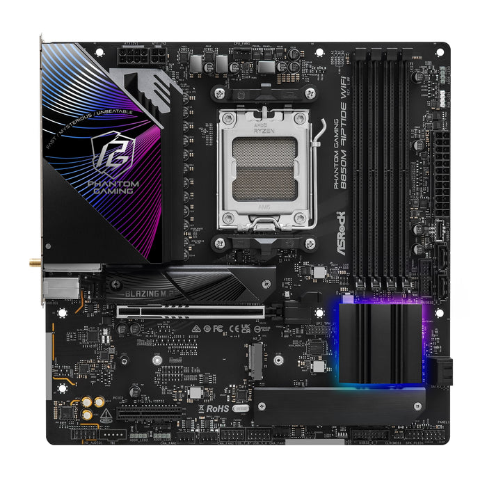 ASRock B850M Riptide WiFi PHANTOM GAMING AMD AM5 Socket Motherboard, Micro-ATX, 4x DDR5 Slots, 3x M.2 Sockets, 2x USB-C Port, Fitted I/O Shield, 2.5GbE LAN, Wi-Fi 7, 1x DisplayPort / 1x HDMI Port-Motherboards-Gigante Computers