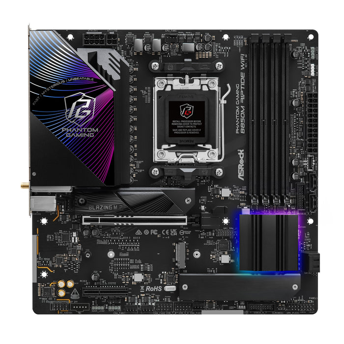 ASRock B850M Riptide WiFi PHANTOM GAMING AMD AM5 Socket Motherboard, Micro-ATX, 4x DDR5 Slots, 3x M.2 Sockets, 2x USB-C Port, Fitted I/O Shield, 2.5GbE LAN, Wi-Fi 7, 1x DisplayPort / 1x HDMI Port-Motherboards-Gigante Computers