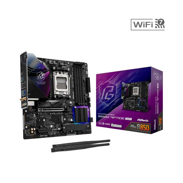 ASRock B850M Riptide WiFi PHANTOM GAMING AMD AM5 Socket Motherboard, Micro-ATX, 4x DDR5 Slots, 3x M.2 Sockets, 2x USB-C Port, Fitted I/O Shield, 2.5GbE LAN, Wi-Fi 7, 1x DisplayPort / 1x HDMI Port-Motherboards-Gigante Computers