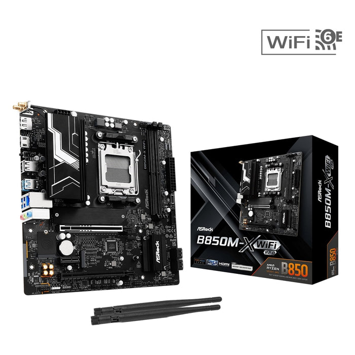 ASRock B850M-X WiFi AMD AM5 Socket Motherboard, Micro-ATX, 2x DDR5 Slots, 2x M.2 Sockets, 1x USB-C Port, 2.5GbE LAN, Wi-Fi 6E, 1x DisplayPort / 1x HDMI Port-Motherboards-Gigante Computers