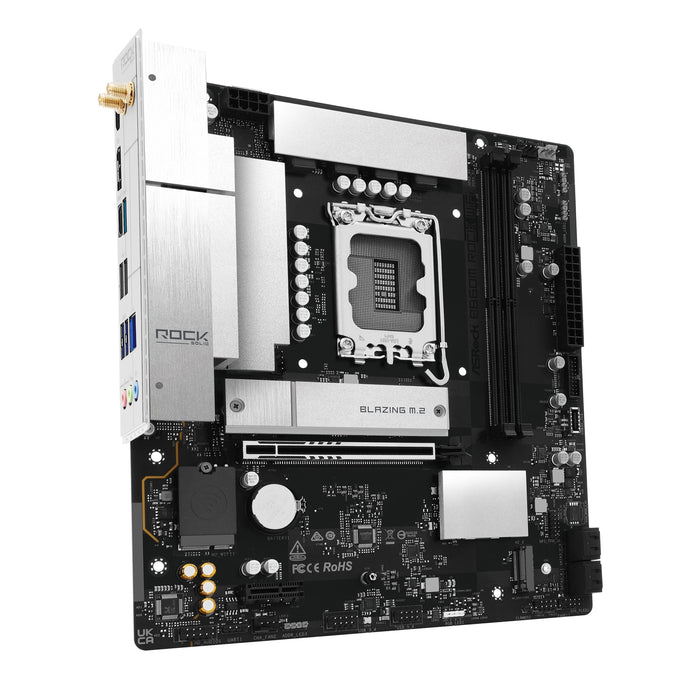 ASRock B860M Rock WiFi Intel 1851 Socket Motherboard, Micro-ATX, 2x DDR5 Slots, 2x M.2 Socket, Fitted I/O Shield, 2.5GbE LAN, Wi-Fi 6E, 1x DisplayPort / 1x HDMI Port-Motherboards-Gigante Computers