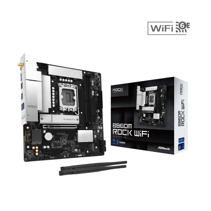 ASRock B860M Rock WiFi Intel 1851 Socket Motherboard, Micro-ATX, 2x DDR5 Slots, 2x M.2 Socket, Fitted I/O Shield, 2.5GbE LAN, Wi-Fi 6E, 1x DisplayPort / 1x HDMI Port-Motherboards-Gigante Computers