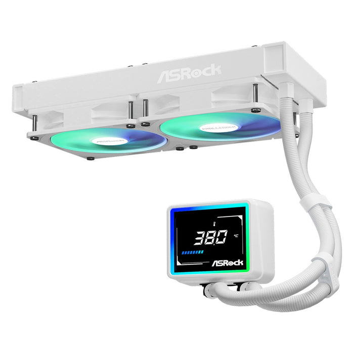 ASRock Challenger 240 Digital AIO Liquid CPU Cooler, 240mm Radiator,White, Dual 120mm PWM ARGB Fans, 3" Digital Display, Intel LGA1700/1851 & AMD AM5/AM4 Compatible-Fans-Gigante Computers
