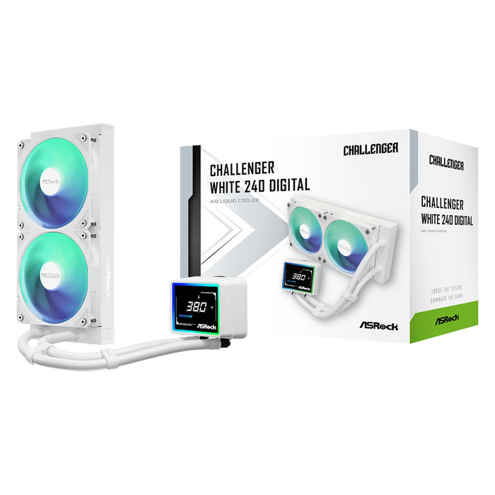 ASRock Challenger 240 Digital AIO Liquid CPU Cooler, 240mm Radiator,White, Dual 120mm PWM ARGB Fans, 3" Digital Display, Intel LGA1700/1851 & AMD AM5/AM4 Compatible-Fans-Gigante Computers