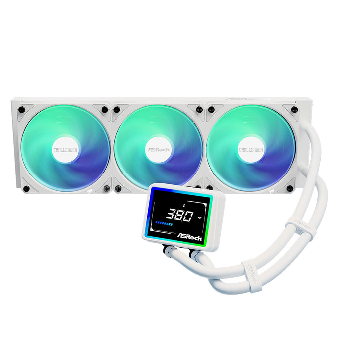 ASRock Challenger 360 Digital White AIO Liquid CPU Cooler, 360mm Radiator, Triple 120mm PWM ARGB Fans, 3? Digital Display, Intel LGA1700/1851 & AMD AM5/AM4 Compatible-Fans-Gigante Computers