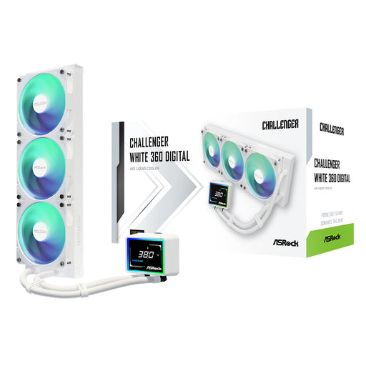 ASRock Challenger 360 Digital White AIO Liquid CPU Cooler, 360mm Radiator, Triple 120mm PWM ARGB Fans, 3? Digital Display, Intel LGA1700/1851 & AMD AM5/AM4 Compatible-Fans-Gigante Computers