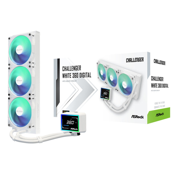 ASRock Challenger 360 Digital White AIO Liquid CPU Cooler, 360mm Radiator, Triple 120mm PWM ARGB Fans, 3? Digital Display, Intel LGA1700/1851 & AMD AM5/AM4 Compatible-Fans-Gigante Computers