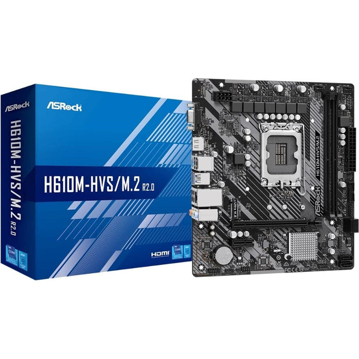 ASRock H610M-HDV/M.2 R2.0 Motherboard, Intel Socket 1700,Supports 14th, 13th & 12th Gen, DDR4, Micro ATX, 6 Phase Power Design, 1x PCIe 4.0 x16, 2x PCIe 3.0 x1, 1x PCIe Gen3 x4, 4x USB 3.2 Gen1, Intel Gigabit LAN, HDMI, DisplayPort, VGA-Motherboards-Gigante Computers