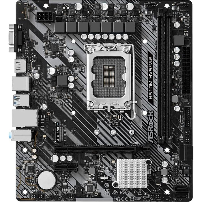 ASRock H610M-HDV/M.2 R2.0 Motherboard, Intel Socket 1700,Supports 14th, 13th & 12th Gen, DDR4, Micro ATX, 6 Phase Power Design, 1x PCIe 4.0 x16, 2x PCIe 3.0 x1, 1x PCIe Gen3 x4, 4x USB 3.2 Gen1, Intel Gigabit LAN, HDMI, DisplayPort, VGA-Motherboards-Gigante Computers