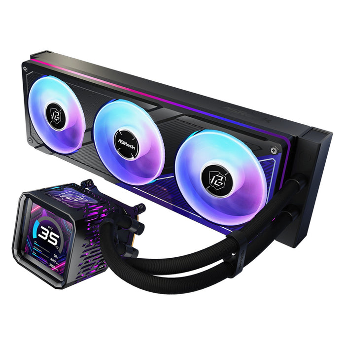 ASRock Phantom Gaming 360 LCD AIO Liquid CPU Cooler, 360mm Radiator, Triple 120mm PWM ARGB Fans, LCD Display, Intel LGA1700/1851 & AMD AM5/AM4 Compatible-Fans-Gigante Computers