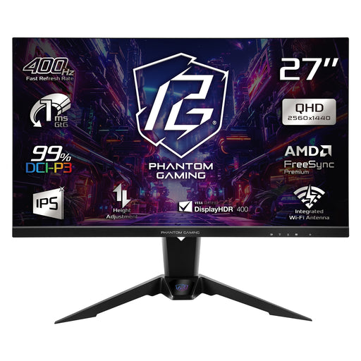 ASRock Phantom Gaming PG27QFW2A 27 Inch QHD (2560 x 1440) IPS Gaming Monitor, 400Hz 1ms (MPRT) Response Time, 2 x HDMI 2.0, 1 x DisplayPort 1.4, Height Adjustable-Monitors-Gigante Computers
