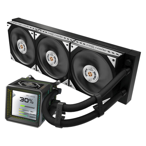 ASRock Steel Legend Dark 360 LCD AIO Liquid CPU Cooler, 360mm Radiator, Triple 120mm PWM ARGB Fans, LCD Display, Intel LGA1700/1851 & AMD AM5/AM4 Compatible-Fans-Gigante Computers
