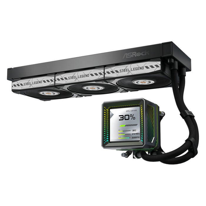 ASRock Steel Legend Dark 360 LCD AIO Liquid CPU Cooler, 360mm Radiator, Triple 120mm PWM ARGB Fans, LCD Display, Intel LGA1700/1851 & AMD AM5/AM4 Compatible-Fans-Gigante Computers