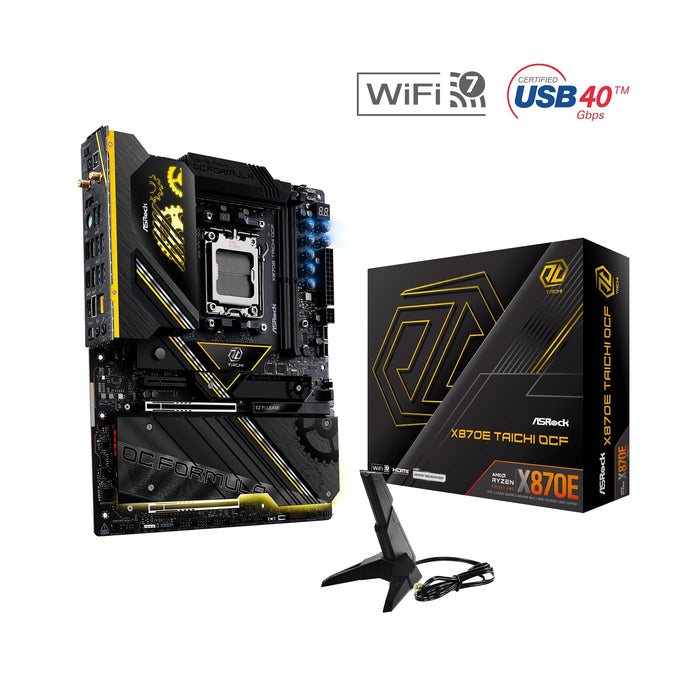 ASRock X870E TAICHI OCF AMD AM5 Socket Motherboard, ATX, 2x DDR5 Slots, 6x M.2 Socket, Fitted I/O Shield, 5GbE LAN, Wi-Fi 7, 1x HDMI Port-Motherboards-Gigante Computers