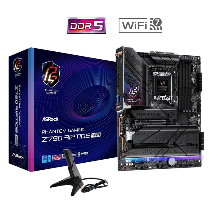 ASRock Z790 RIPTIDE WIFI Motherboard, Intel Socket LGA1700, Supports 14th, 13th & 12th Gen, 1x PCIe 5.0 x16, 1x PCIe 4.0 x16, PCIe 3.0 x1, ATX, USB 3.2 Gen2x2, Killer 2.5G LAN, Hyper M.2 PCIe Gen4 x 8 & SATA3, 802.11be WiFi 7 + Bluetooth-Motherboards-Gigante Computers