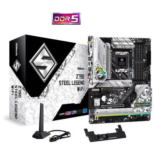 ASRock Z790 STEEL LEGEND WIFI Motherboard, Intel Socket 1700, ATX, DDR5, USB Type-C 3.2 Gen2x2, 1x PCIe 5.0 x16, 1x PCIe 4.0 x16, 1x PCIe 3.0 x16, 1x M.2 Key-E for WiFi, 1 HDMI, 1 DisplayPort, eDP, 802.11ax Wi-Fi 6E + Bluetooth, Realtek 2.5G LAN-Motherboards-Gigante Computers