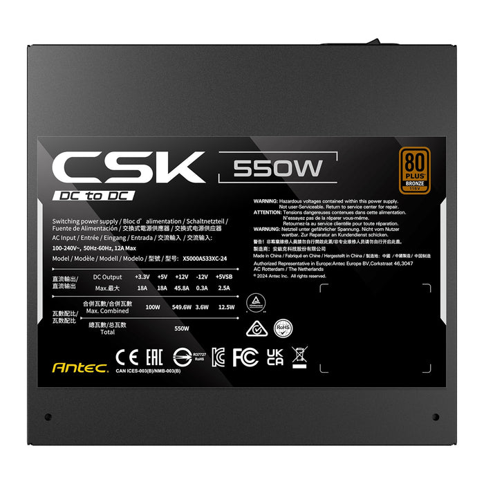 Antec CSK550DC 550W Power Supply, 80 Plus Bronze Certified, ATX 12V 2.52, Non-Modular, DC-to-DC, Flat Black Cables, 120mm Quiet Fan, UK Plug-Power Supplies-Gigante Computers