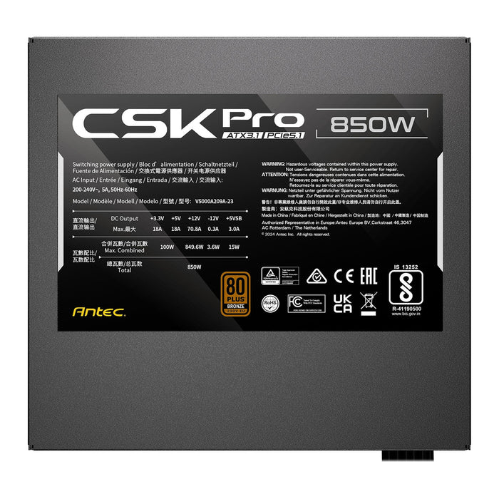 Antec CSK850 PRO 850W Semi-Modular ATX 3.1 Power Supply, PCIe 5.1 Ready with 12V 2x6 Connector, 80 Plus Bronze Certified, Quiet 120mm Fan, 5-Year Warranty-Power Supplies-Gigante Computers