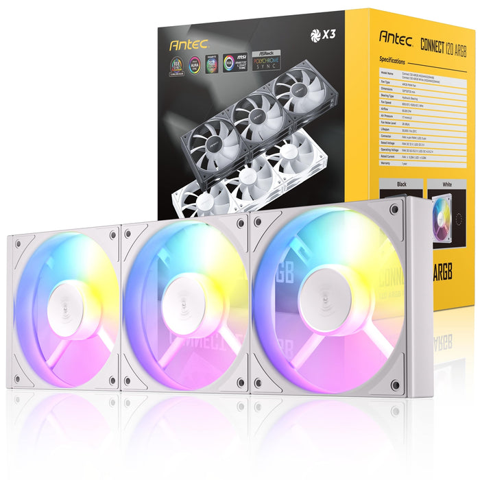 Antec Connect 120 White ARGB 3-Pack 120mm PWM Fans with Daisy Chain Design and Vibration-Absorbing Pads-Fans-Gigante Computers