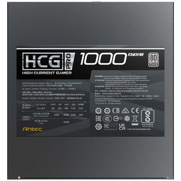 Antec HCG1000 PRO Platinum ATX 3.1 Power Supply - 1000W, Fully Modular, 80 PLUS Platinum Certified, Silent Fan, High-Performance Gaming PSU-Power Supplies-Gigante Computers