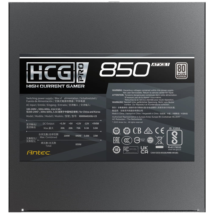 Antec HCG850 PRO Platinum ATX 3.1 Power Supply - 850W, Fully Modular, 80 PLUS Platinum Certified, Silent Fan, High-Performance Gaming PSU-Power Supplies-Gigante Computers