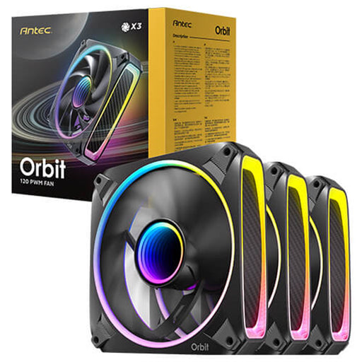 Antec Orbit 120 ARGB 120 mm PWM Fan Triple Pack (MPN: 0-761345-40059-6) - 120 mm x 28 mm, Fluid Dynamic Bearing, 200–2000 RPM, 66.72 CFM, aRGB Lighting, Anti-Vibration Pads-Fans-Gigante Computers